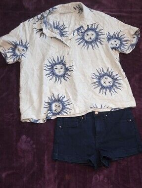 Jane and Delancey White Short-Sleeve Button Top with Blue Sun Motif